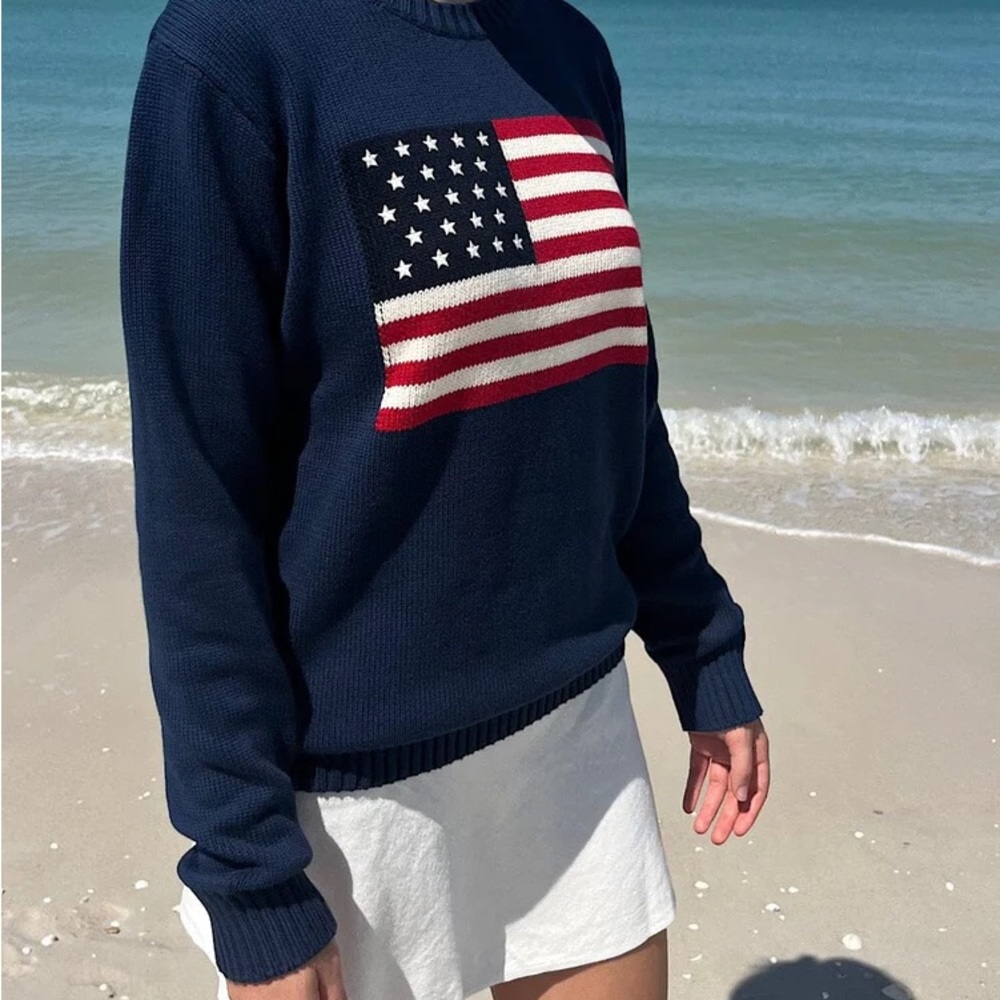 Brandy Melville Blue Crewneck Sweater with Flag Design